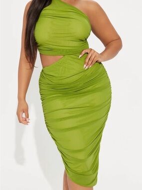 Lime Green One-Shoulder Cutout Midi Dress